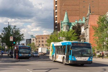 Montreal, Kanada - 31 Mayıs 20147: Sherbrooke caddesinde STM toplu taşıma otobüsü