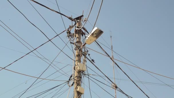 Utility Pole Many Cables Old Antenna Dish Electricity Overhead Power — Stock Video