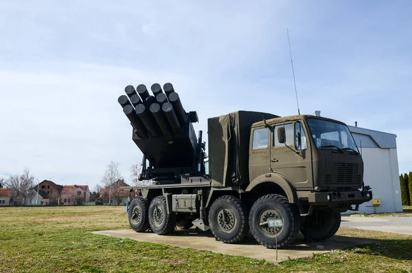 Multiple rocket launcher. Fully automated self-propelled multiple rocket launcher. Exhibition of weapons, military and security equipment.