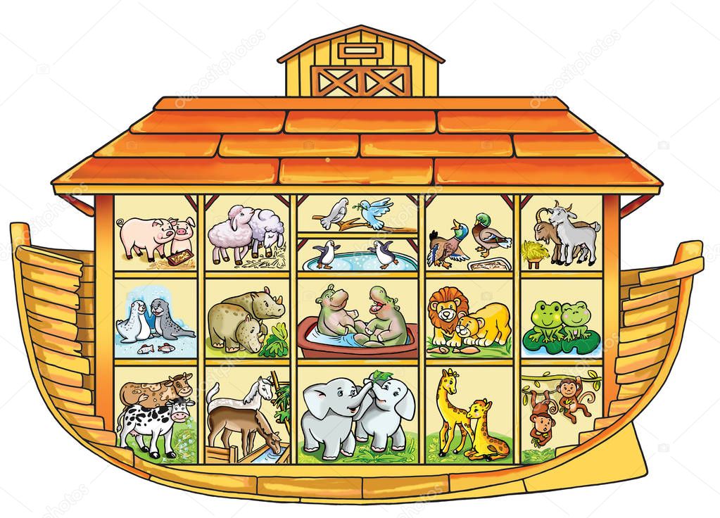 Noah's Ark filled with animals. In the cut. On a white background.