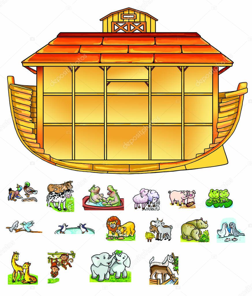 Noah's Ark filled with animals. In the cut. On a white background.