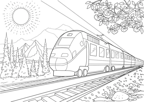 Model Train Railroad Coloring Page Mountains — Stock Vector