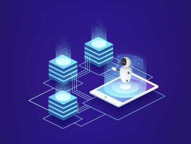 Sunucu İstasyonu, veri merkezi. Yapay zeka bir smartphone kullanarak robot kontrol altında dijital bilgi teknolojileri.