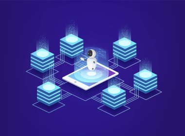 Sunucu İstasyonu, veri merkezi. Yapay zeka bir smartphone kullanarak robot kontrol altında dijital bilgi teknolojileri.