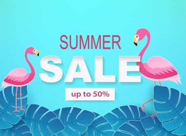 Tropikal yaprak ve mavi renklerde flamingolar ile banner. Yaz satış arka plan.