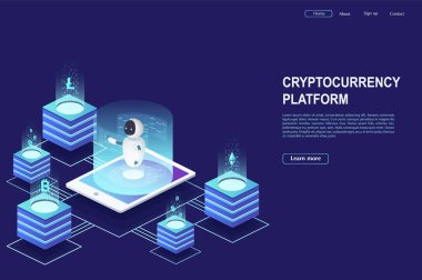 Cryptocurrency ve blockchain. Robot bir smartphone kullanarak kripto başlangıç çalışma. Sunucu Oda kavramı, büyük veri işleme.