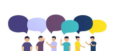 İnsanlar birbirleriyle haberleri tartışmak. Exchange iletileri veya fikirler, beyaz arka plan üzerinde konuşma balonları.