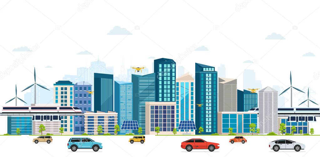 Urban landscape with large modern buildings, skyscrapers, skyway. Street, highway with cars on white background. Concept city.