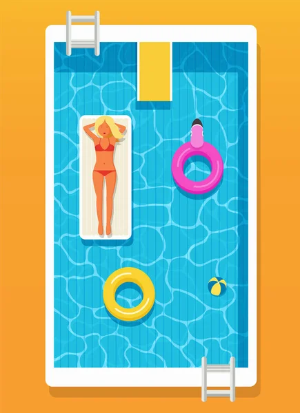 Schwimmbad Mit Klarem Wasser Aufblasbaren Kreisen Und Einem Mädchen Auf — Stockvektor