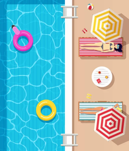 Top View Swimming Pool Clear Water Inflatable Circles Girls Dressed — Stock Vector
