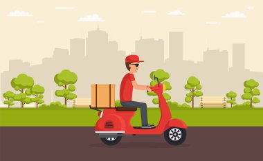 Teslimat hizmeti scooter üzerinde. Çocuk hızlı ve ücretsiz yiyecek veya mal üzerinde arka plan şehir parkı ile sürüş scooter üzerinde sunar.