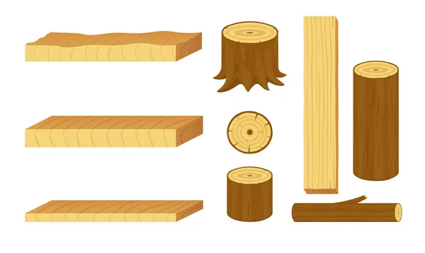 Set Wooden Logs Stumps Branches Trunks Boards Materials Forestry Lumber — Stock Vector
