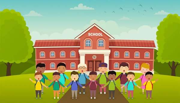 Kembali Sekolah Anak Anak Lucu Berdiri Depan Sekolah Halaman Depan - Stok Vektor