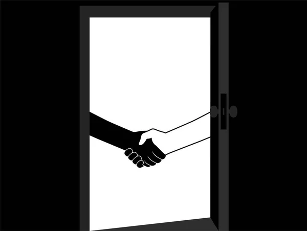 Une Poignée Main Derrière Porte Contrat Transaction Illustration Noir Blanc — Image vectorielle