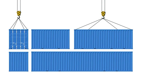 Набір Вантажні Контейнери Перевезення Вантажів Кран Піднімає Синій Контейнер Концепція — стоковий вектор
