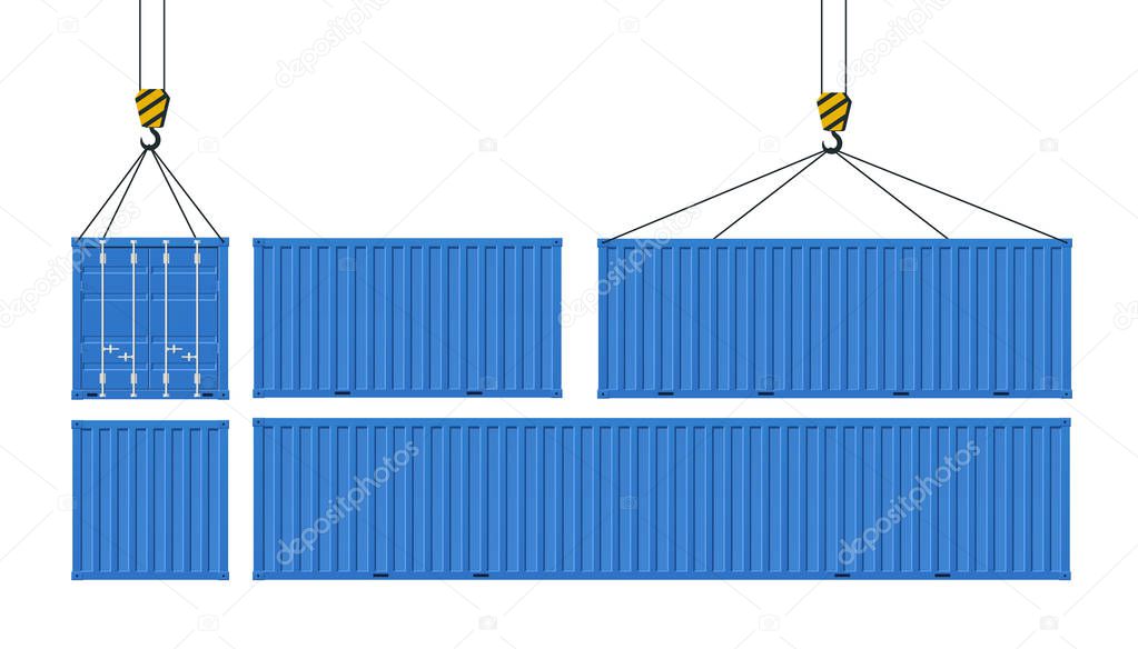 Set of cargo containers for transport of goods. Crane lifts blue container. Concept of worldwide delivery.