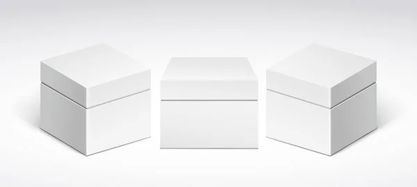 Drei Weiße Verpackungsboxen Mit Deckel Frontansicht Und Seitenansicht — Stockvektor