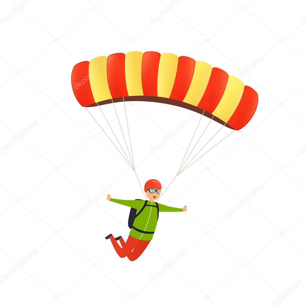 Parachute jump. Happy paratrooper descends with a parachute in the sky. Concept of sports activity, leisure on nature in the air.