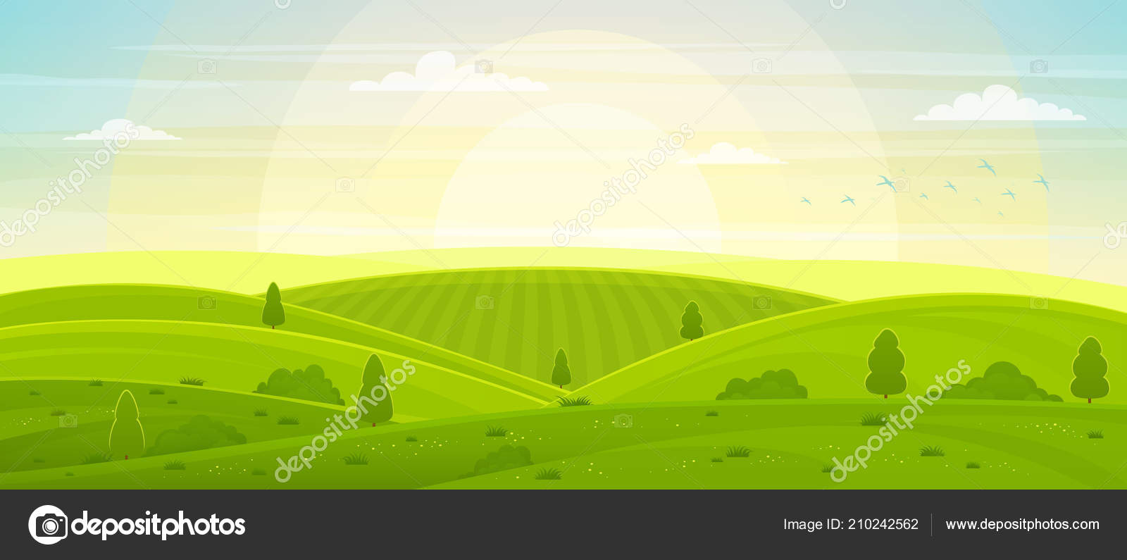 夜明けに野山で日当たりの良い田園風景 夏の緑の丘 フィールド 白い雲と青い空 ストックベクター C Ramcreative