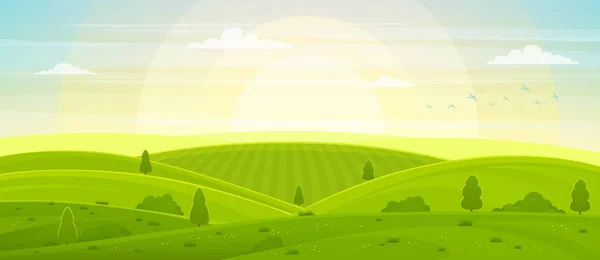 阳光明媚的乡村景观 黎明时有丘陵和田野 夏日翠绿的山丘 草地和田野 蓝天白云 — 图库矢量图片
