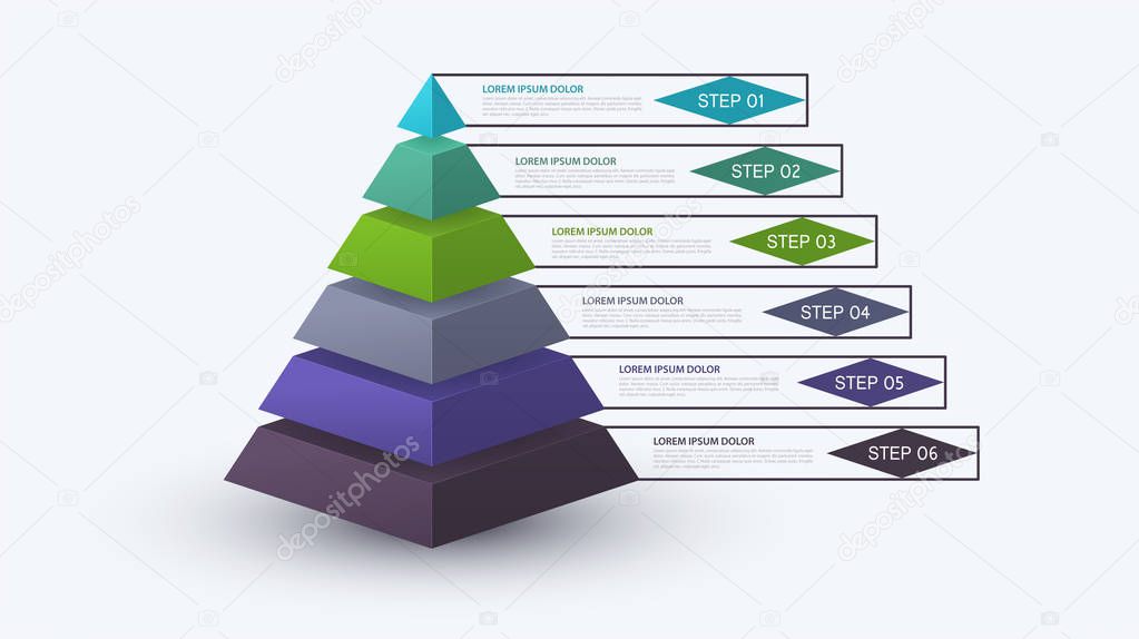 Infographic pyramid with step structure. Business concept with 6 options pieces or steps. Block diagram, information graph, presentations banner, workflow