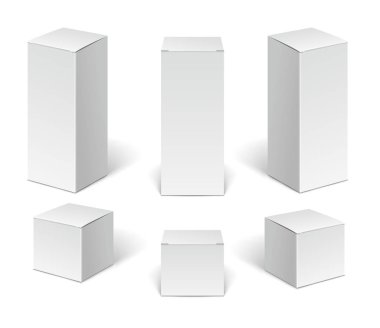 Beyaz kağıt karton ambalajlama kutuları. Boş dikey kozmetik tıbbi ayarla ve beyaz arka plan üzerinde elektronik cihazlar kutuları izole.