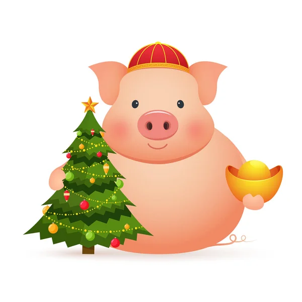 Cute Pig Chinese Gold Christmas Tree White Background Chinese New — Stock Vector