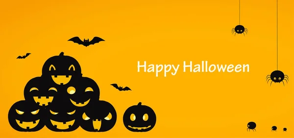 Happy Halloween Yellow Background Banner Pumpkins Descending Spiders Bats — Stock Vector