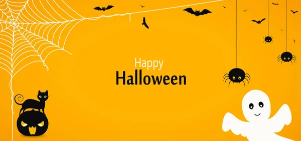 Happy Halloween Yellow Background Banner Cat Pumpkin Flying Ghost Descending — Stock Vector