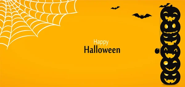 Happy Halloween Yellow Background Banner Pumpkins Spider Web Bats — Stock Vector