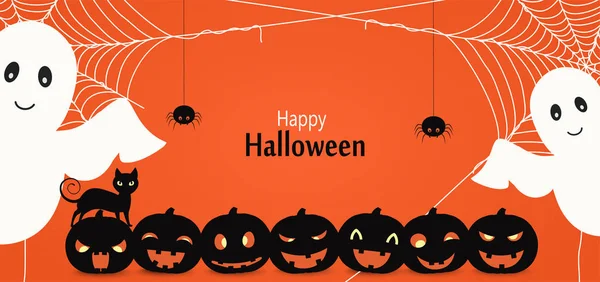 Halloween Party Background Ghosts Happy Halloween Greeting Card Orange Background — Stock Vector