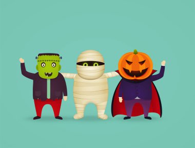 Halloween karakterler kostüm mumya, vampir, frankenstein.