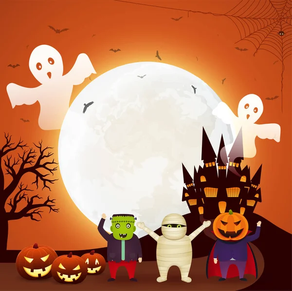 Fiesta Halloween Con Niños Vestidos Con Disfraces Halloween Calabazas Fantasmas — Vector de stock