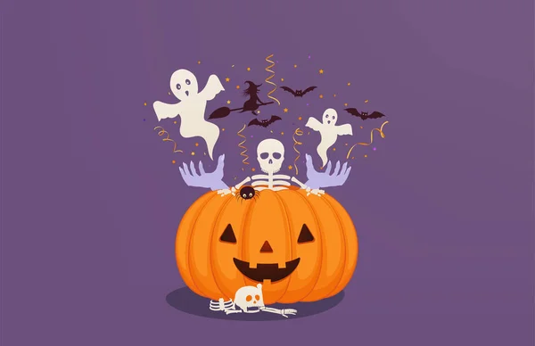 コウモリ 魔女を飛んで死んだ男の手と 内部骨格のハロウィンかぼちゃ グリーティング カード お祝いハロウィーンのコンセプト — ストックベクタ