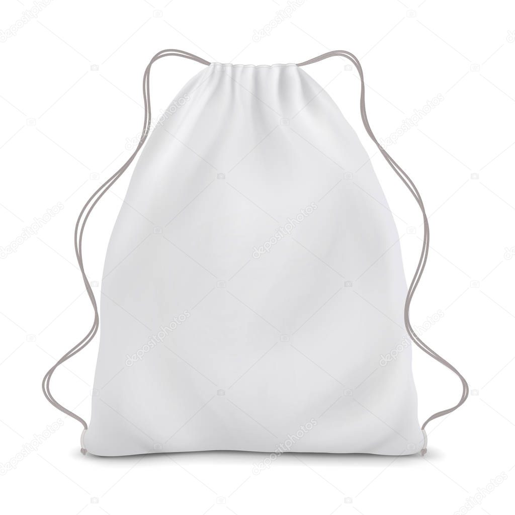 White backpack with laces. Sport bag mockup on white background.
