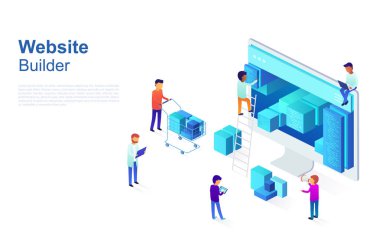 Takım Programcı web sayfası tasarımı, site yapısını yapar. UI geliştirme iş kavramı / Ux tasarım, Seo optimizasyon. Beyaz arka plan üzerinde izole izometrik vektör çizim.