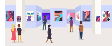 Modern sanat Galerisi ziyaretçi. Sergi veya müze Oda duvarda asılı soyut resim sergisi.