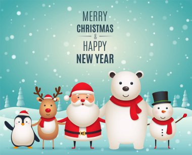 Neşeli Noel yılbaşı arkadaşları. Sevimli Noel hayvanlar, Penguen, geyik, Noel Baba, beyaz kutup ayısı ve karlı kış manzara kardan adam.