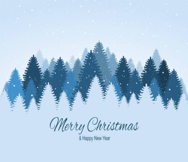 Mavi karlı çam, köknar, iğne yapraklı orman, düşen kar manzara. Tatil kış orman neşeli Noel ve mutlu yeni yıl. 