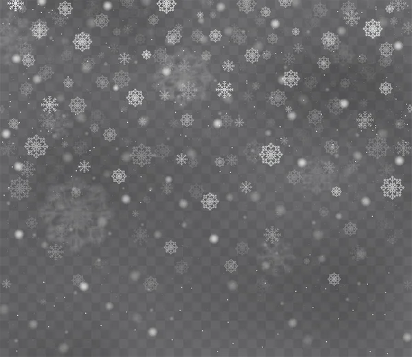 Nieve Navideña Sobre Fondo Oscuro Transparente Copos Nieve Con Efecto — Vector de stock