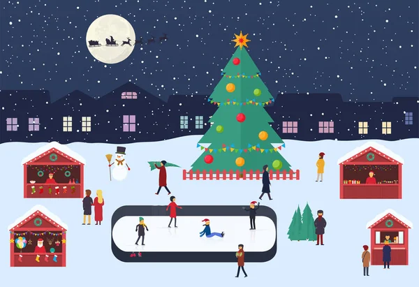 Χριστουγεννιάτικη Αγορά Ανθρώπους Πάγκους Σουβενίρ Παγοδρόμιο Και Χριστουγεννιάτικο Δέντρο Στην — Διανυσματικό Αρχείο