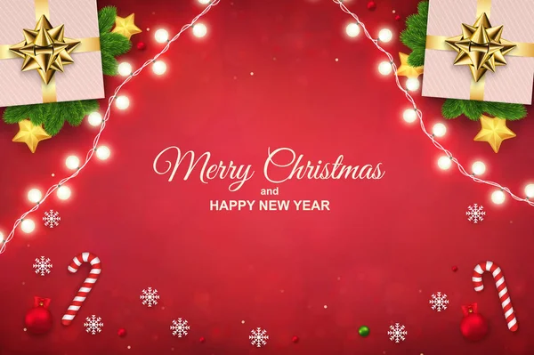Frohe Weihnachten Hintergrund Mit Leuchtenden Girlanden Geschenkschachteln Zuckerrohr Und Schneeflocken — Stockvektor