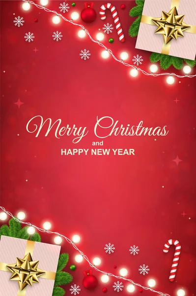 Wesołych Świąt Bożego Narodzenia Tło Girlandy Świetlne Pudełeczka Cukierkowa Płatki — Wektor stockowy