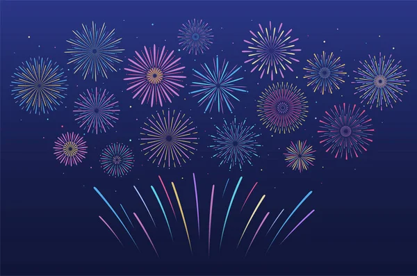 各种形式的节日五颜六色的烟花 用星星和火花燃烧烟火爆竹 — 图库矢量图片