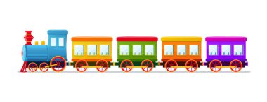 Çizgi film oyuncak tren beyaz arka plan üzerinde renkli vagonlar ile.