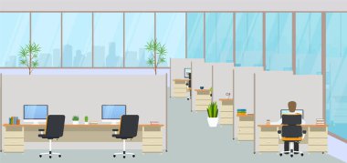 Modern ofis merkezi işyerleri ve çalışanlar. Ortak çalışma, Tasarım 