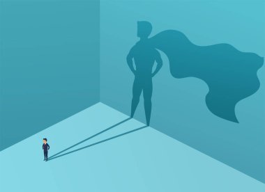 Gölge süper kahraman ile iş adamı. İş lideri süper Yöneticisi. Kavram başarı, liderlik, güven kalitesini. Vektör çizim