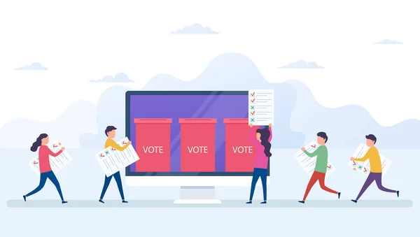 Concept de vote en ligne, système de vote électronique avec écran d'ordinateur. Électeurs avec bulletins de nouvelles entre les mains, urne, système Internet électoral . — Image vectorielle