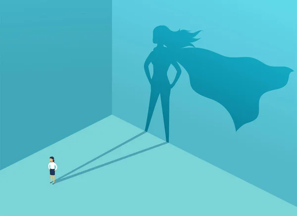 Geschäftsfrau mit Schatten-Superheldin. Supermanager führend in der Wirtschaft. Erfolgskonzept, Führungsqualität, Vertrauen, Emanzipation. Vektorillustration — Stockvektor