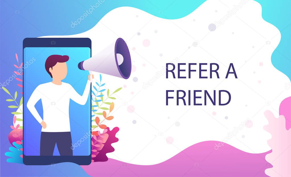 Man screams in megaphone, Refer a friend, recommend to  friend. Landing page marketing concept, blogging promotion services, web sites, mobile apps.